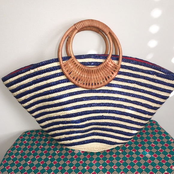 Handbags - Navy Striped Straw Summer Tote Bag with Handles!